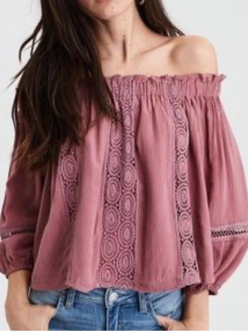 American Eagle Outfitters Dusty Mauve Off-Shoulder Crochet Lace Top - size small